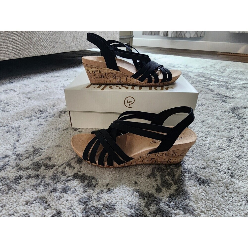NEW Life Stride Women's Mallory Slingback Wedge Sandals Black Size 6M